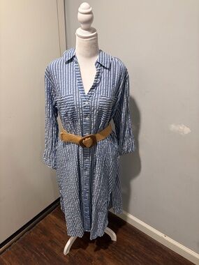 blue island Blue and White Striped Midi Shirt Dress with Tan Belt